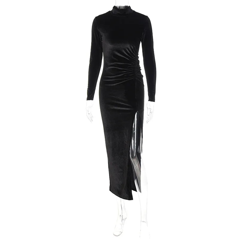 2025 Autumn Winter Women Solid Velvet Long Sleeve Ruched Midi Dress Side Slit Bodycon Sexy Streetwear Party Elegant Club