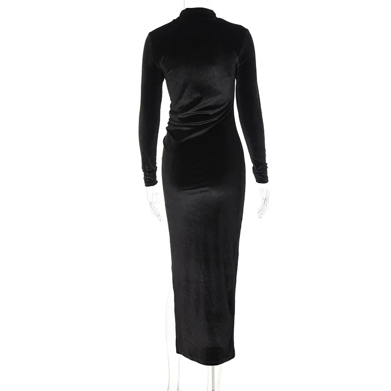 2025 Autumn Winter Women Solid Velvet Long Sleeve Ruched Midi Dress Side Slit Bodycon Sexy Streetwear Party Elegant Club