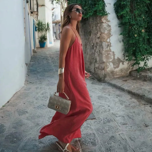 Dress Women 2025 Summer Women's Loose Dresses Sleeveless Thin Straps Black Long Dresses Backless Beach Holiday Dresses