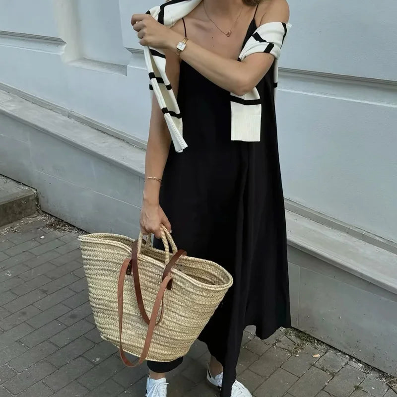 Dress Women 2025 Summer Women's Loose Dresses Sleeveless Thin Straps Black Long Dresses Backless Beach Holiday Dresses