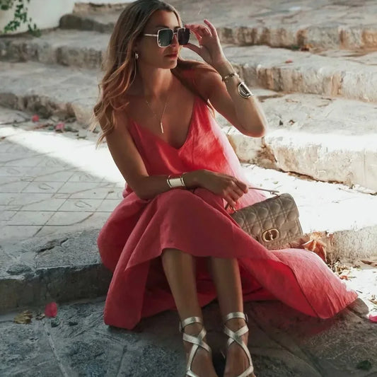 Dress Women 2025 Summer Women's Loose Dresses Sleeveless Thin Straps Black Long Dresses Backless Beach Holiday Dresses