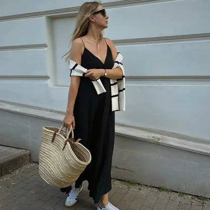 Dress Women 2025 Summer Women's Loose Dresses Sleeveless Thin Straps Black Long Dresses Backless Beach Holiday Dresses
